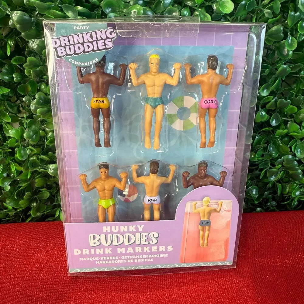 Hunky Buddies Drinking Markers 6pk New Muscle Men Glass Hangers Bachelorette Fun
